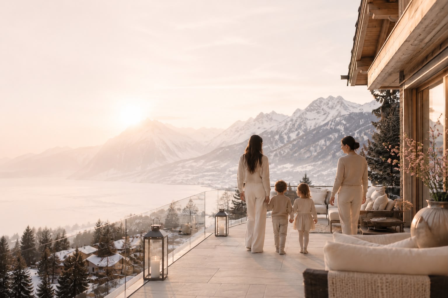 Mother and children looking at snowy mountains